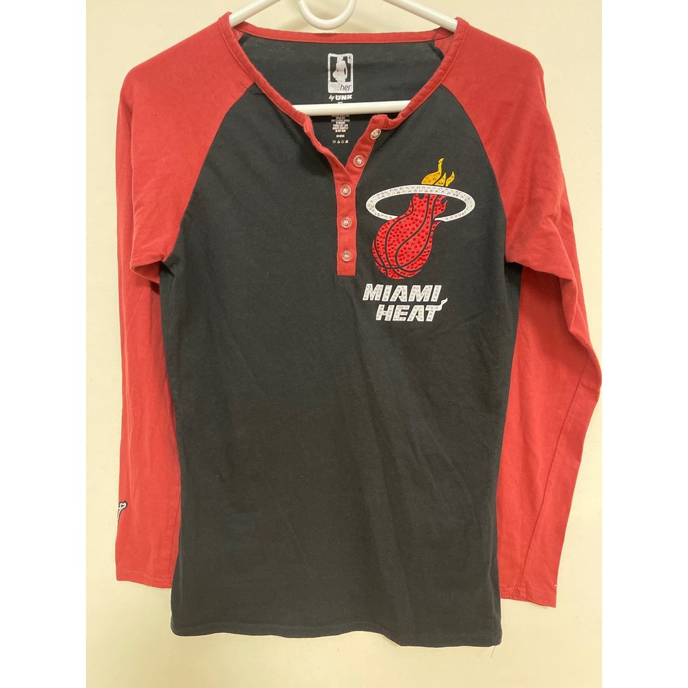 NBA 4 Her by UNK Miami Heat Henley Shirt Rhinestone Raglan Long Sleeve Womens XL